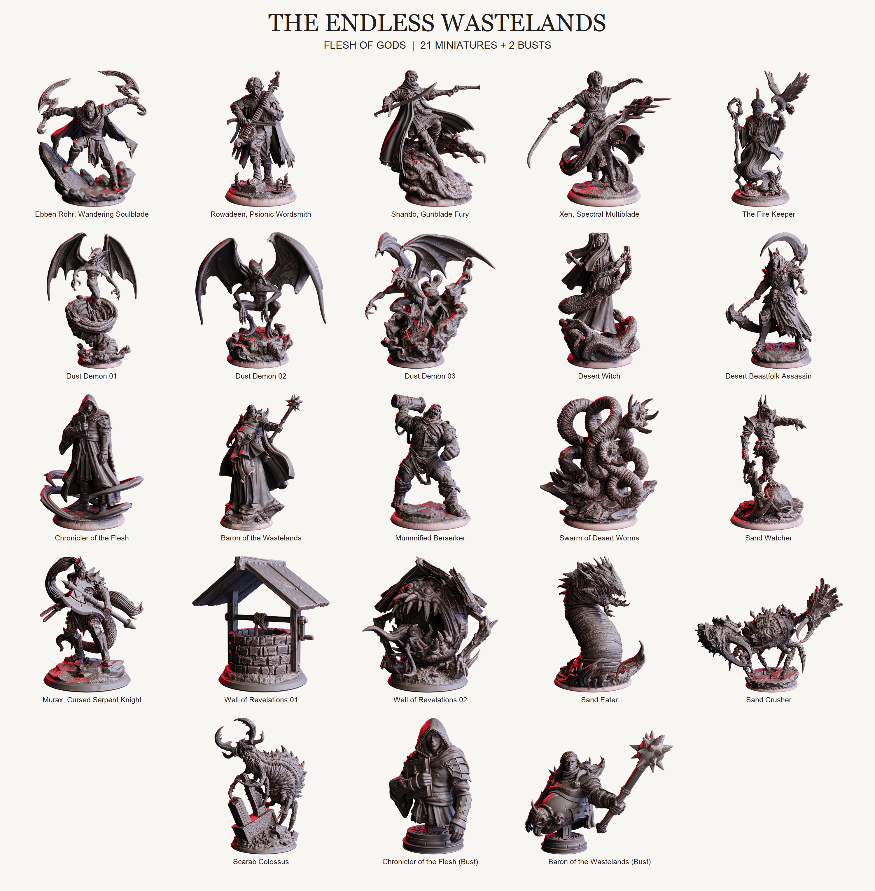 The Endless Wastelands — 21 miniatures and two busts by Flesh of Gods