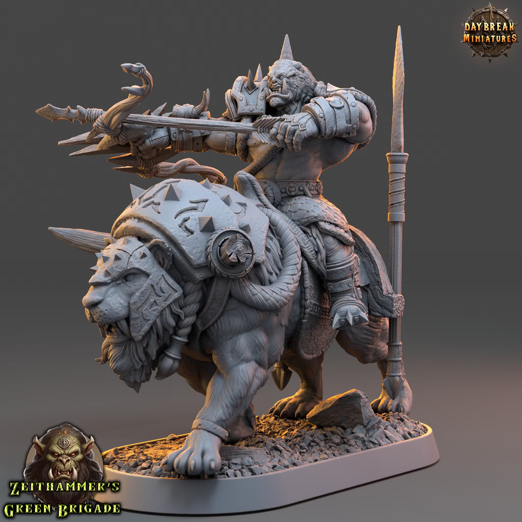 Zeithammer’s Green Brigade - Zwoop Zauber on Cutter Cat - Daybreak Miniatures — official Daybreak render 1