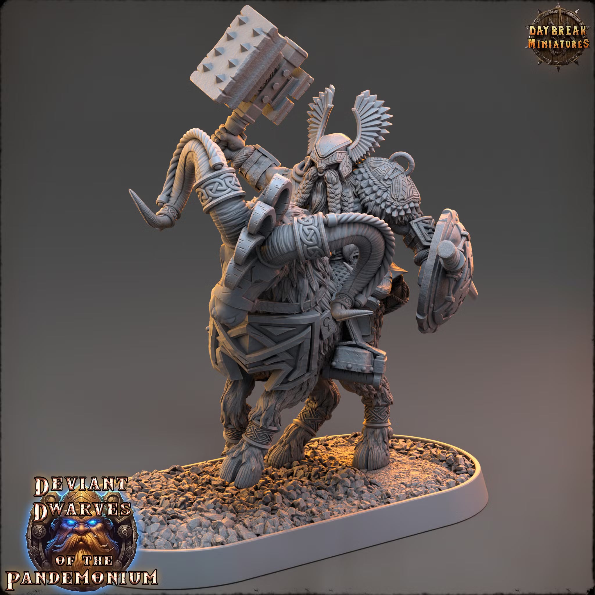 Deviant Dwarves of the Pandemonium - Trazdak Darkbane on Fire Goat - Daybreak Miniatures — official Daybreak render 1