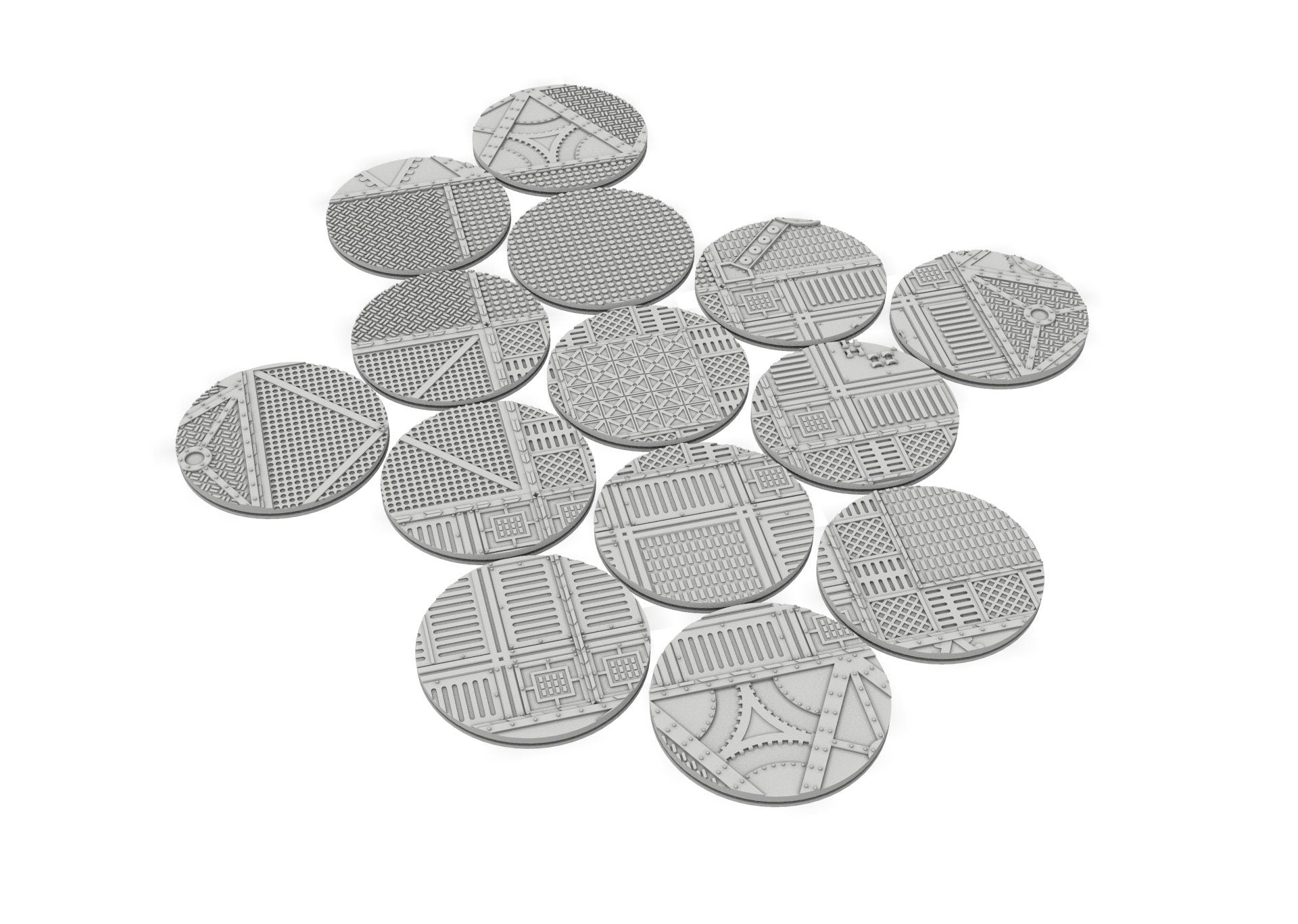 Industrial - Lot of 25mm to 55mm INFINITY industrial texture & round bases usable for infinity, no borders bases...