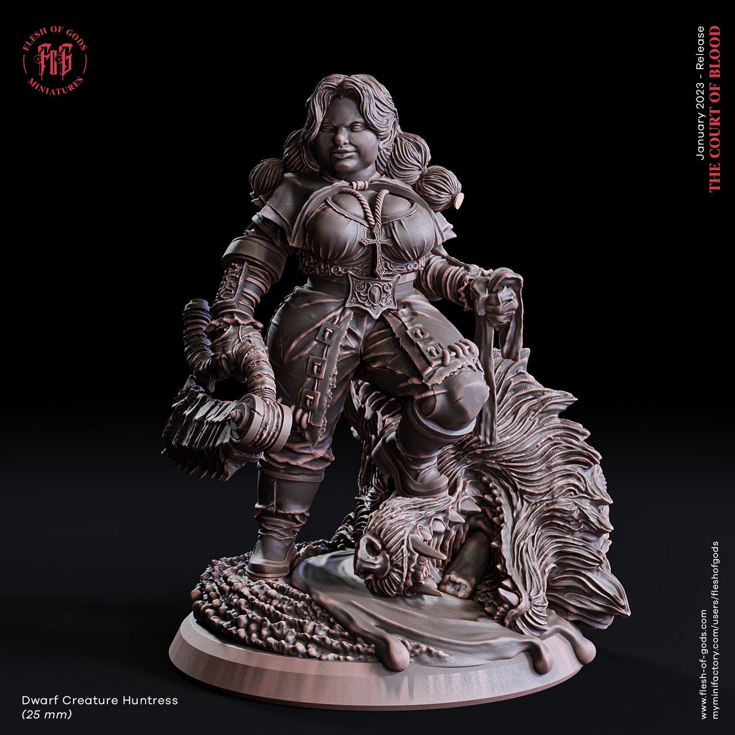 The Court Blood - Hero - Dwarf Creature Huntress 75mm, creatures of darkness, Ennemy, Flesh of Gods, for Wargames, Dungeons & Dragons TTRPG
