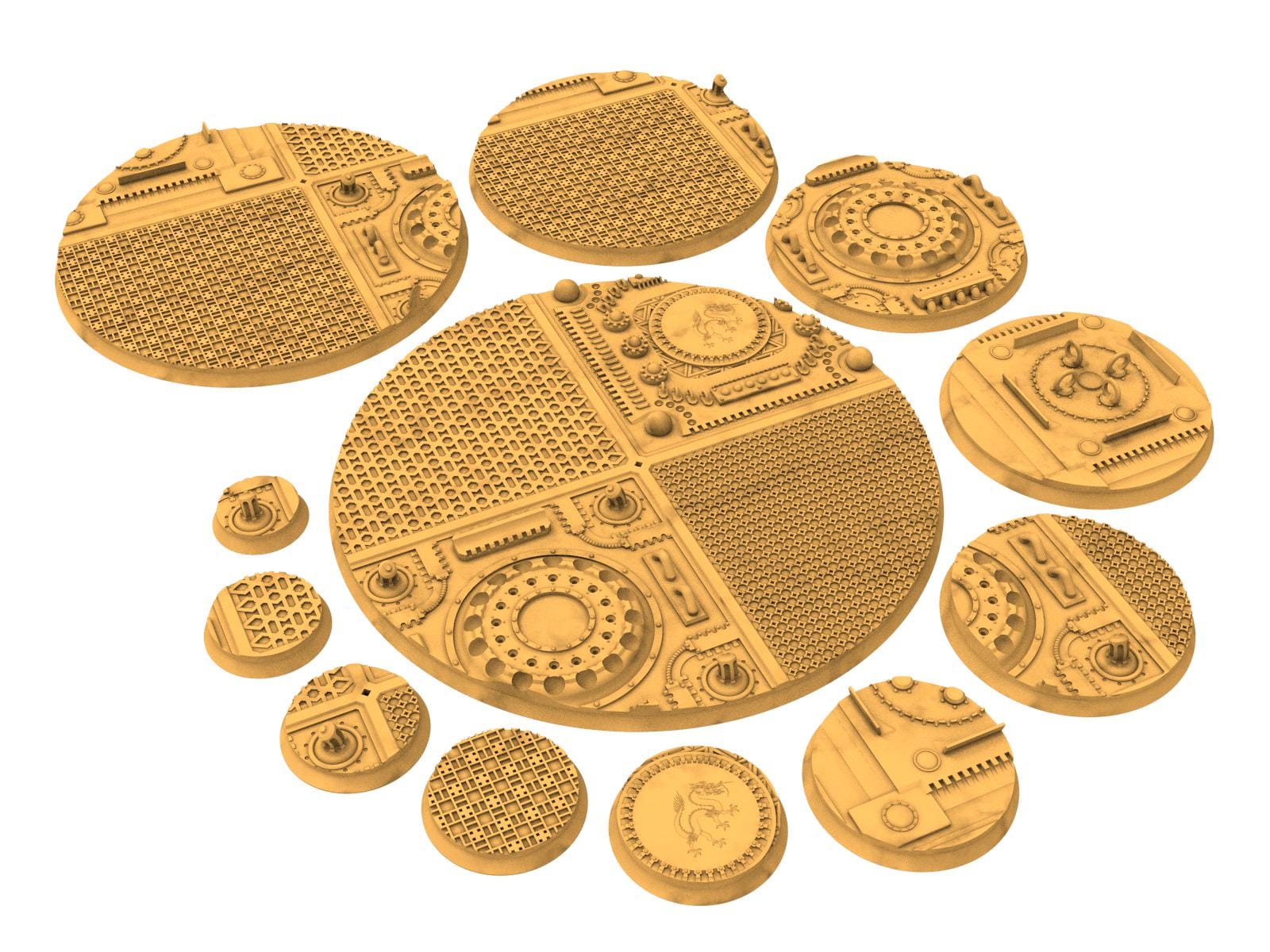 Comercial outpost - Textured Round Bases, lot of 25mm to 160mm CMRCL set 1 usable for warmachine, wargame...