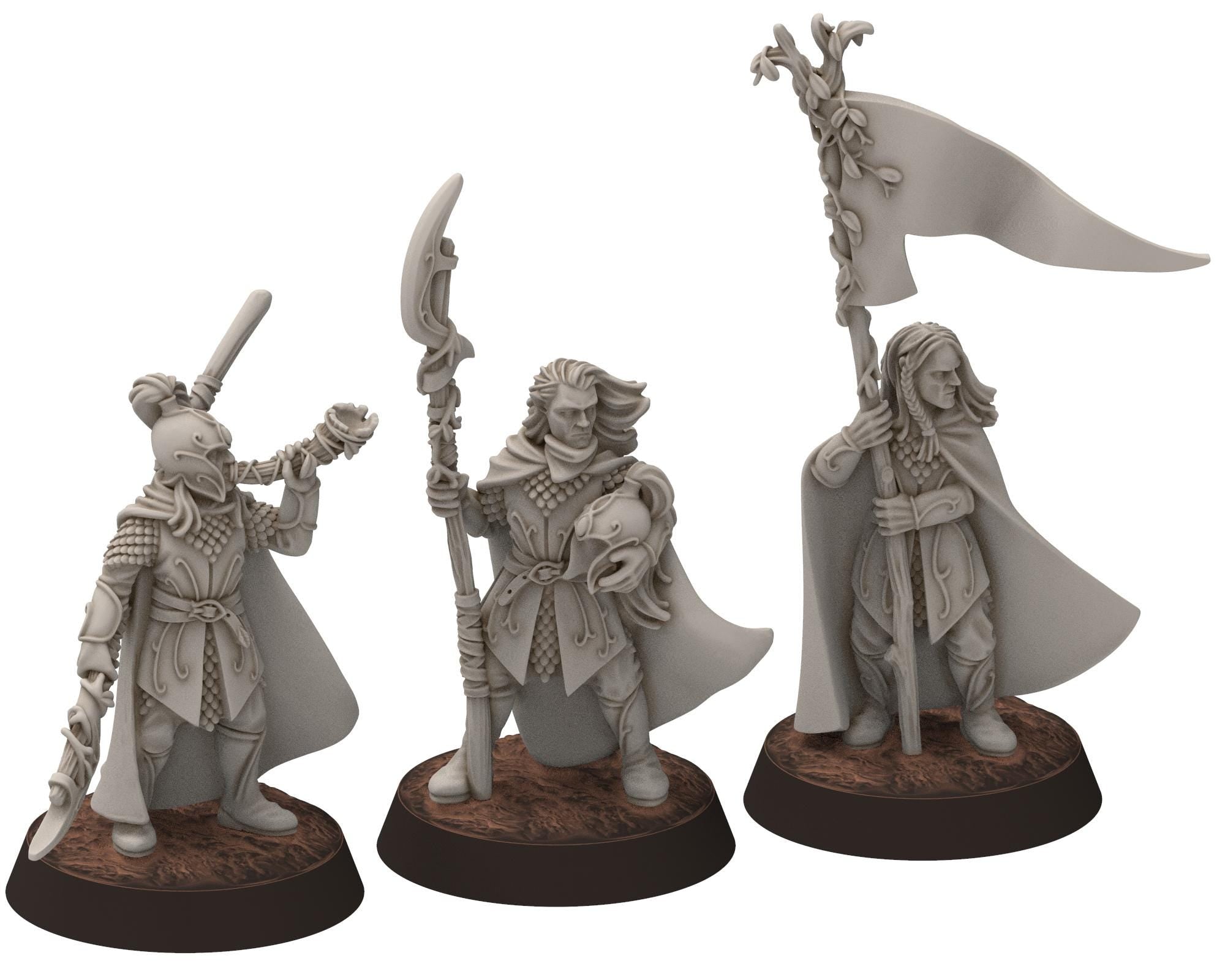 Darkwood - Wood Elf Musician, Banner, Leader, Sylvan Eldar Kingdom, Middle rings miniatures for wargame D&D, LOTR, Medbury miniatures