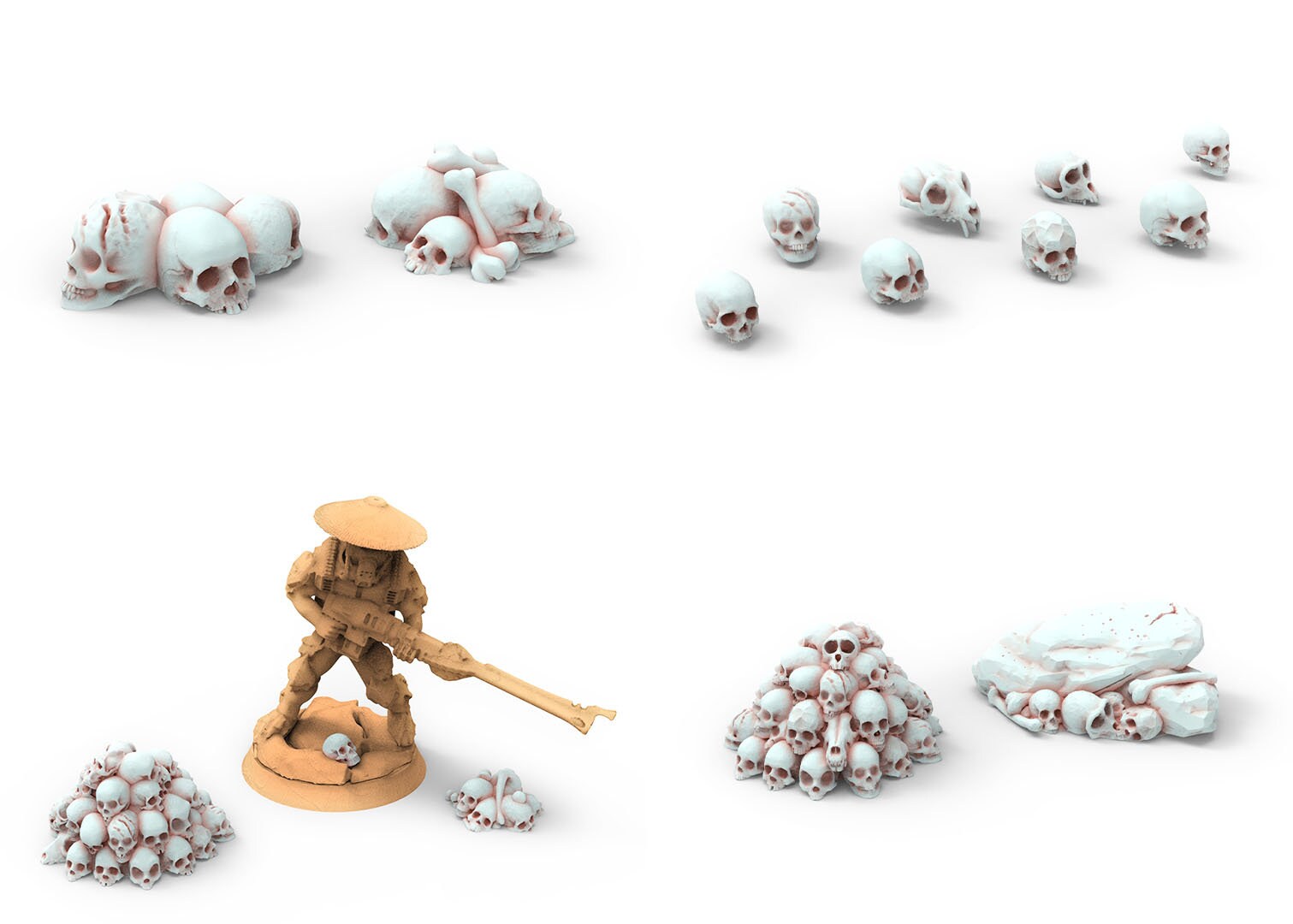Beaucoup de décoration de base de crânes utilisables pour Oldhammer, warmachine, infinity, zombicide, scifi wargame...