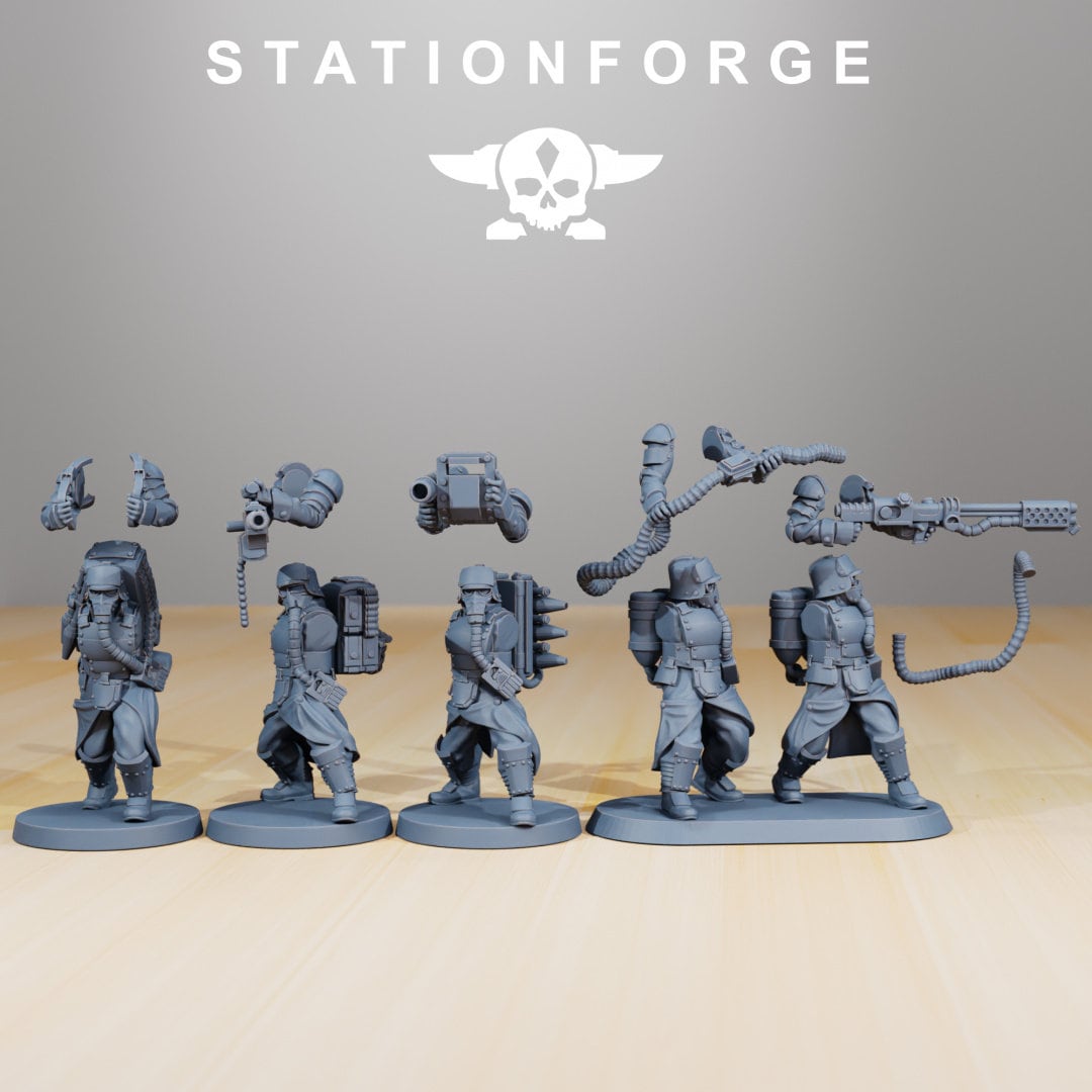 Grimguard armored squad, mechanized infantry, post apocalyptic empire, usable for tabletop wargame.