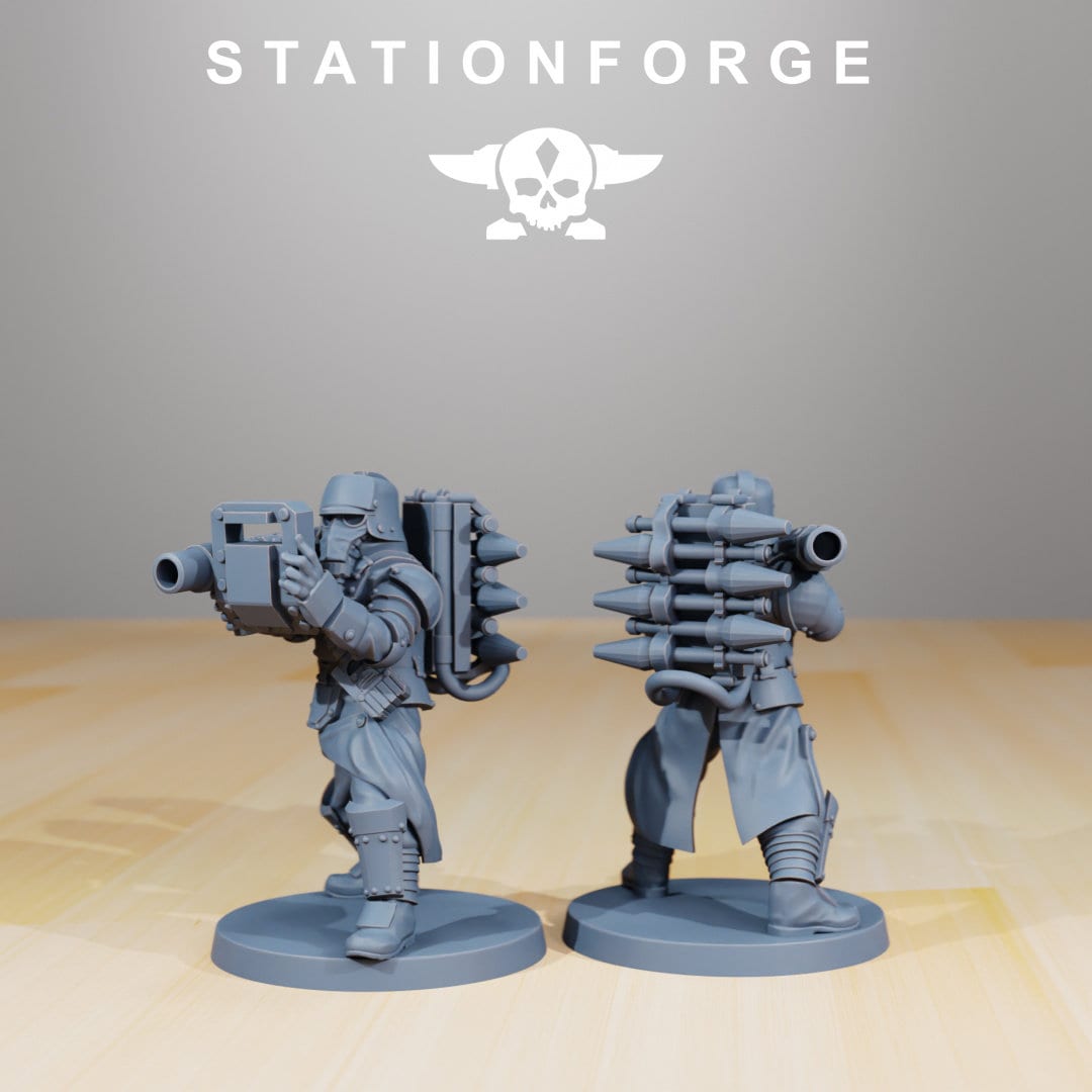 Grimguard armored squad, mechanized infantry, post apocalyptic empire, usable for tabletop wargame.